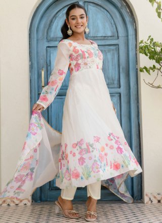 Superb White Organza Readymade Style with Floral Patch and Zari Work