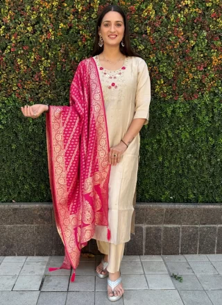 Superlative Cream Silk Readymade Salwar Suit with Embroidered Work