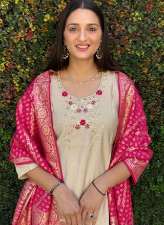 Superlative Cream Silk Readymade Salwar Suit with Embroidered Work