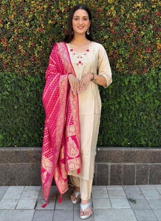 Superlative Cream Silk Readymade Salwar Suit with Embroidered Work