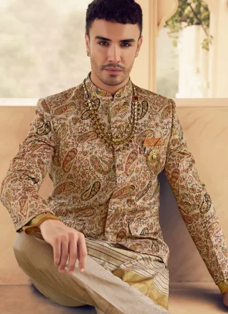 Surpassing Beige Silk Indo Western with Foil Print and Hand Work