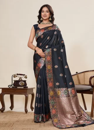 Surpassing Black Silk Classic Saree with Jacquard and Woven Work