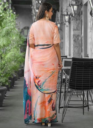 Surpassing Peach Georgette Traditional Saree with Digital Print Work
