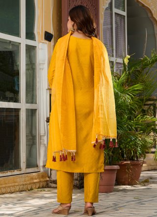 Surpassing Yellow Rayon Salwar Suit with Embroidered Work
