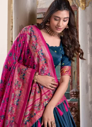 Swanky Blue Tussar Silk Lehenga Choli with Foil Print Work