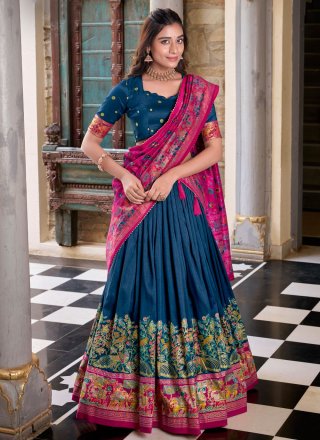 Swanky Blue Tussar Silk Lehenga Choli with Foil Print Work