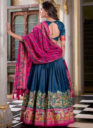 Swanky Blue Tussar Silk Lehenga Choli with Foil Print Work