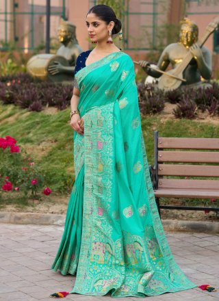 Swarovski and Weaving Work Silk Designer Saree In Aqua Blue Color