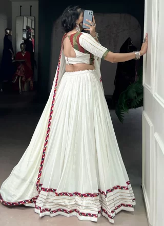 Tantalizing White Rayon Readymade Lehenga Choli with Gamthi, Lace and Mirror Work
