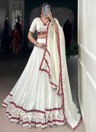Tantalizing White Rayon Readymade Lehenga Choli with Gamthi, Lace and Mirror Work