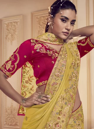 Tantalizing Yellow Georgette Trendy Saree