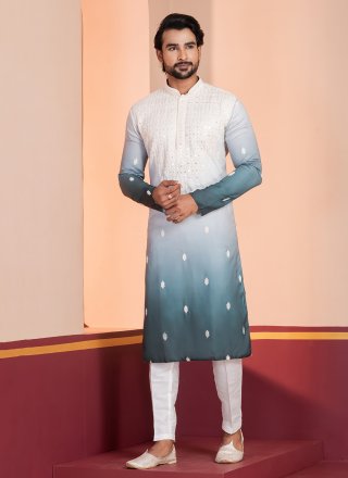 Teal and White Silk Kurta Pyjama