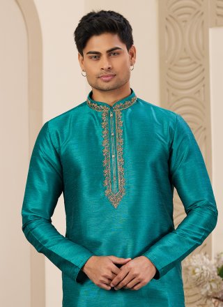 Teal Art Banarasi Silk Kurta Pyjama with Hand Work