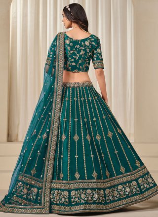Teal Art Silk A - Line Lehenga Choli with Embroidered and Zari Work