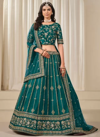 Teal Art Silk A - Line Lehenga Choli with Embroidered and Zari Work