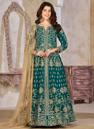 Teal Art Silk Anarkali Suit with Embroidered and Zari Work
