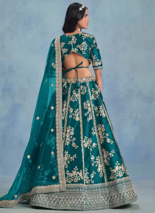 Teal Art Silk Embroidered, Sequins and Zari Work Lehenga Choli