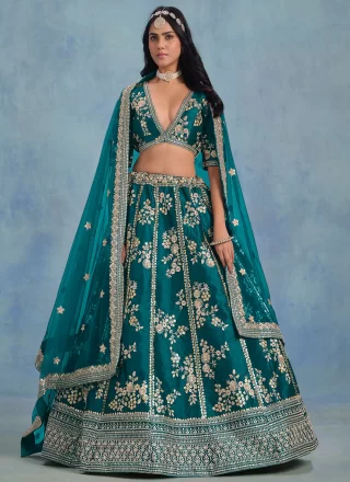 Teal Art Silk Embroidered, Sequins and Zari Work Lehenga Choli