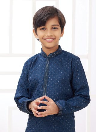 Teal Art Silk Kurta Pyjama with Thread Work for Kid