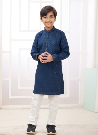 Teal Art Silk Kurta Pyjama with Thread Work for Kid