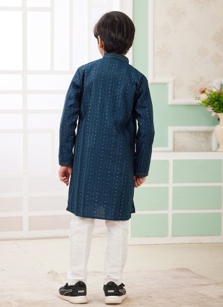 Teal Art Silk Kurta Pyjama with Thread Work for Kid
