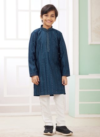 Teal Art Silk Kurta Pyjama with Thread Work for Kid
