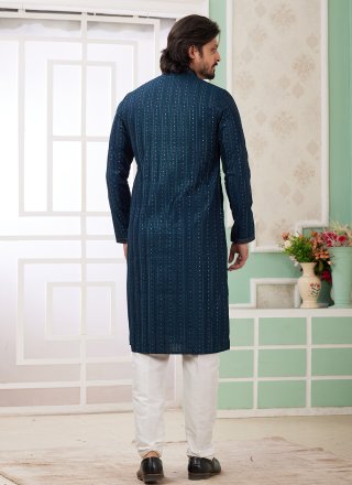 Teal Art Silk Thread Work Kurta Pyjama for Ceremonial