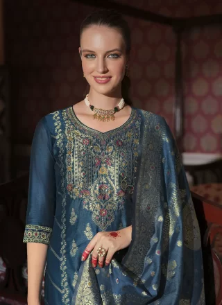 Teal Banarasi Silk Salwar Suit with Hand, Jacquard and Woven Work