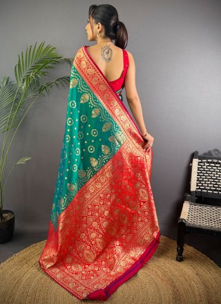 Teal Banarasi Silk Weaving Work Classic Sari for Party
