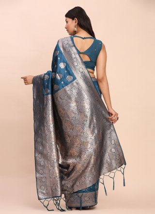 Teal Banarasi Silk Weaving Work Contemporary Sari for Casual