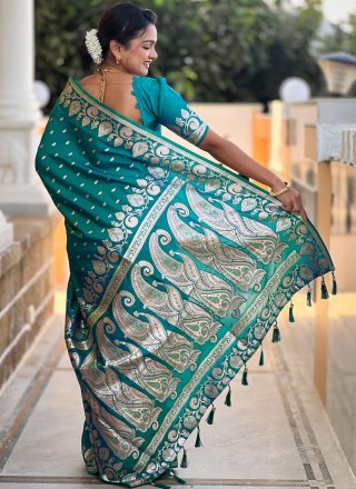 Teal Banarasi Silk Woven Work Classic Saree