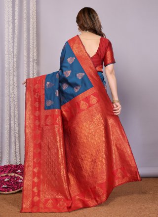 Teal Banarasi Silk Woven Work Contemporary Saree for Casual