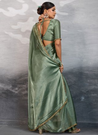 Teal Burburry Contemporary Sari with Beads, Patch Border and Cut Dana Work for Casual