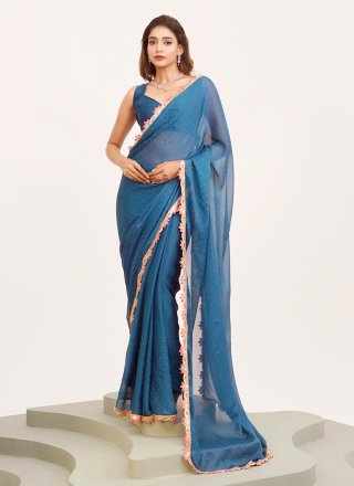 Teal Chiffon Classic Saree with Sequins Work