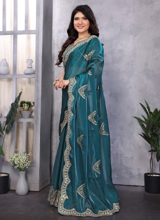 Teal Chiffon Contemporary Sari with Booti, Embroidered and Sequins Work