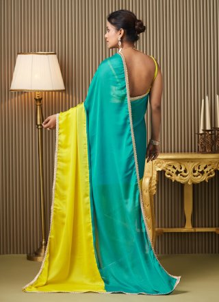 Teal Chiffon Contemporary Sari with Mirror Work for Ceremonial