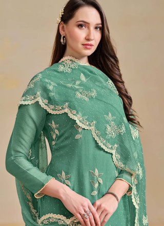 Teal Chiffon Embroidered and Swarovski Work Pant Style Suit