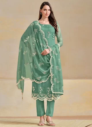 Teal Chiffon Embroidered and Swarovski Work Pant Style Suit