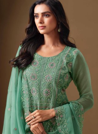 Teal Chiffon Embroidered, Lucknowi Work, Sequins and Stone Work Pant Style Suit