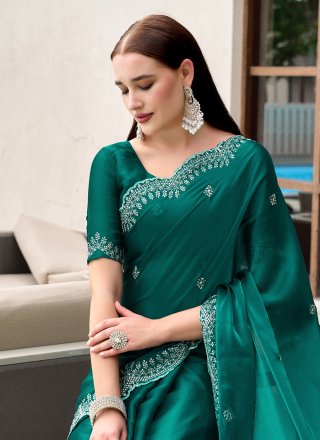 Teal Chiffon Embroidered Work Classic Saree