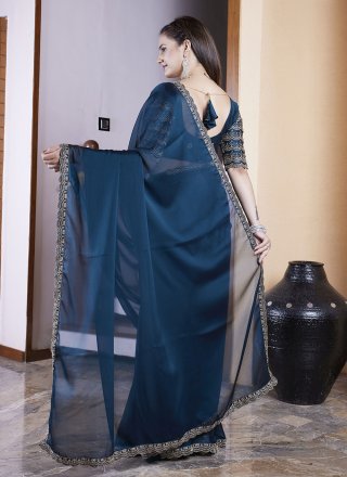 Teal Chiffon Hand and Lace Work Classic Sari