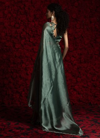 Teal Chiffon Hand and Zircon Work Contemporary Sari for Ceremonial