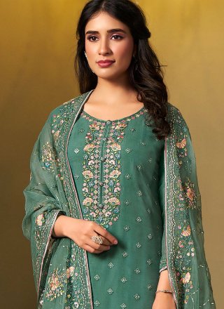 Teal Chiffon Salwar Suit with Cut Dana and Embroidered Work