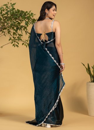 Teal Chiffon Trendy Saree with Patch Border Work