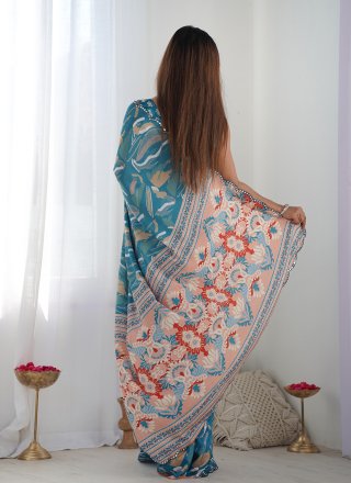 Teal Chinon Digital Print and Mirror Work Trendy Saree for Women