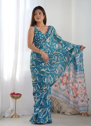 Teal Chinon Digital Print and Mirror Work Trendy Saree for Women