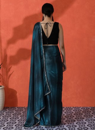 Teal Chinon Digital Print Work Trendy Saree