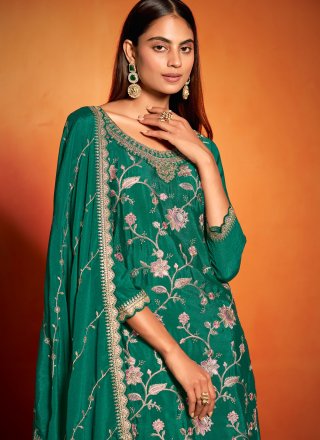Teal Chinon Embroidered, Thread and Zari Work Salwar Suit for Ceremonial