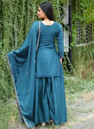 Teal Chinon Palazzo Salwar Suit with Embroidered and Sequins Work