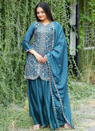 Teal Chinon Palazzo Salwar Suit with Embroidered and Sequins Work